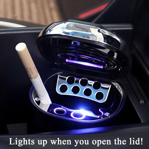 Car Ashtray with Lid, Rechargeable Stainless Auto Ashtray with LED Light Indicator, Portable Smell-Proof Ashtray Cup with Lid & Detachable Cigarette Lighter, Car Accessories (Silver) in Kuwait