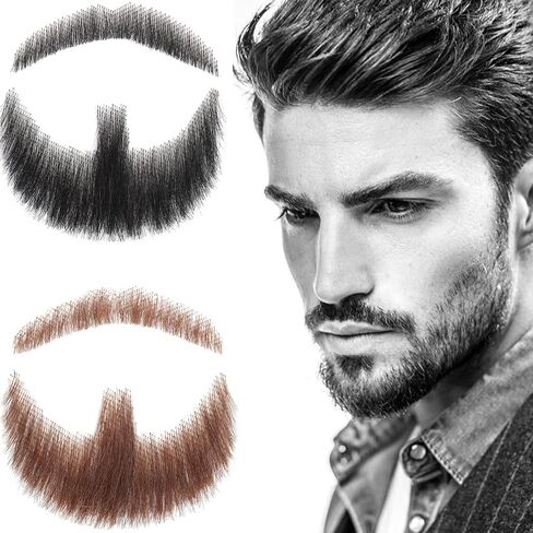 Human Hair Fake Beard 5 inch Black Human Hair Jack Sparrow Fake Mustache Beard Fake Goatee Costume Beard Fake Facial Hair Lace Beard for Halloween Funny Cosplay Costume in Saudi Arabia