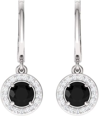 Diamondere Natural and Certified Gemstone and Diamond Drop Huggies Earrings in 14K White Gold | 1.10 Carat Halo Earrings for Women in Saudi Arabia