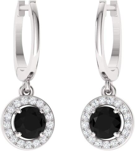 Diamondere Natural and Certified Gemstone and Diamond Drop Huggies Earrings in 14K White Gold | 1.10 Carat Halo Earrings for Women in Saudi Arabia