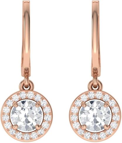 Diamondere Natural and Certified Gemstone and Diamond Drop Huggies Earrings in 14K White Gold | 1.10 Carat Halo Earrings for Women in Saudi Arabia