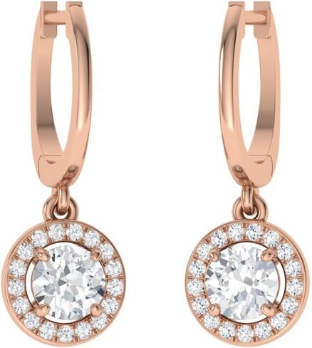 Diamondere Natural and Certified Gemstone and Diamond Drop Huggies Earrings in 14K White Gold | 1.10 Carat Halo Earrings for Women in Saudi Arabia