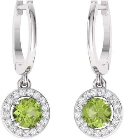 Diamondere Natural and Certified Gemstone and Diamond Drop Huggies Earrings in 14K White Gold | 1.10 Carat Halo Earrings for Women in Saudi Arabia