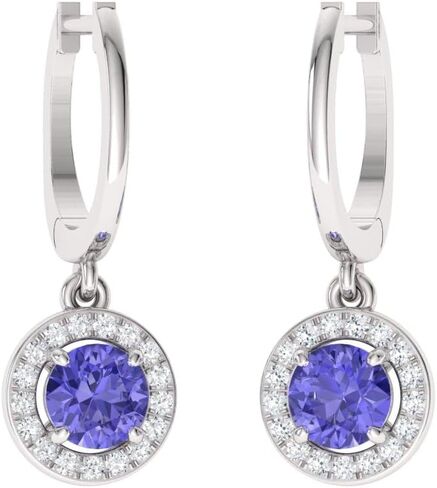 Diamondere Natural and Certified Gemstone and Diamond Drop Huggies Earrings in 14K White Gold | 1.10 Carat Halo Earrings for Women in Saudi Arabia