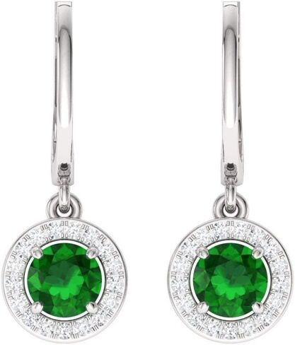 Diamondere Natural and Certified Gemstone and Diamond Drop Huggies Earrings in 14K White Gold | 1.10 Carat Halo Earrings for Women in Saudi Arabia