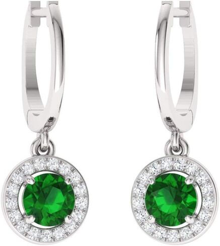 Diamondere Natural and Certified Gemstone and Diamond Drop Huggies Earrings in 14K White Gold | 1.10 Carat Halo Earrings for Women in Saudi Arabia