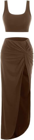 ZAFUL Women's Casual Sleeveless Summer Solid Marled Crop Top and Draped Ruched Maxi Skirt Set Two Piece Dress in Saudi Arabia