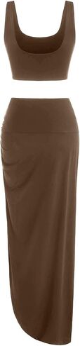 ZAFUL Women's Casual Sleeveless Summer Solid Marled Crop Top and Draped Ruched Maxi Skirt Set Two Piece Dress in Saudi Arabia
