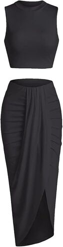 ZAFUL Women's Casual Sleeveless Summer Two Piece Outfits Crop Top and Side Split Draped Ruched Maxi Skirt Set Solid Suiting in Saudi Arabia