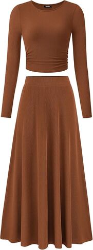 BTFBM Two Piece Skirt Sets For Women 2024 Trendy Fall Outfits Ribbed Knit Long Sleeve Crop Top Flowy Maxi Skirt Set in Saudi Arabia