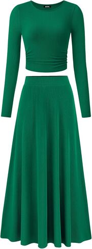 BTFBM Two Piece Skirt Sets For Women 2024 Trendy Fall Outfits Ribbed Knit Long Sleeve Crop Top Flowy Maxi Skirt Set in Saudi Arabia