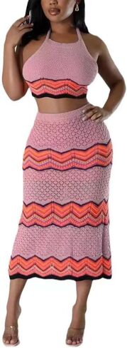 Women Two-Piece Skirt Set Fishing Net Knittin Hollow Out Off Shoulder Beach Dresses Outfit Bodycon Maxi Dress in Saudi Arabia