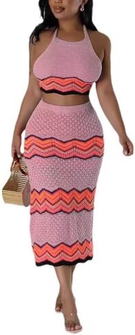Women Two-Piece Skirt Set Fishing Net Knittin Hollow Out Off Shoulder Beach Dresses Outfit Bodycon Maxi Dress in Saudi Arabia