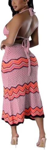Women Two-Piece Skirt Set Fishing Net Knittin Hollow Out Off Shoulder Beach Dresses Outfit Bodycon Maxi Dress in Saudi Arabia