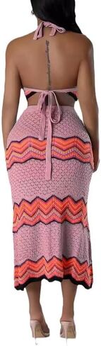 Women Two-Piece Skirt Set Fishing Net Knittin Hollow Out Off Shoulder Beach Dresses Outfit Bodycon Maxi Dress in Saudi Arabia