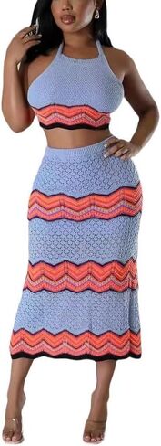 Women Two-Piece Skirt Set Fishing Net Knittin Hollow Out Off Shoulder Beach Dresses Outfit Bodycon Maxi Dress in Saudi Arabia