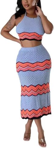 Women Two-Piece Skirt Set Fishing Net Knittin Hollow Out Off Shoulder Beach Dresses Outfit Bodycon Maxi Dress in Saudi Arabia