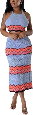 Women Two-Piece Skirt Set Fishing Net Knittin Hollow Out Off Shoulder Beach Dresses Outfit Bodycon Maxi Dress in Saudi Arabia