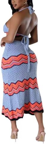 Women Two-Piece Skirt Set Fishing Net Knittin Hollow Out Off Shoulder Beach Dresses Outfit Bodycon Maxi Dress in Saudi Arabia