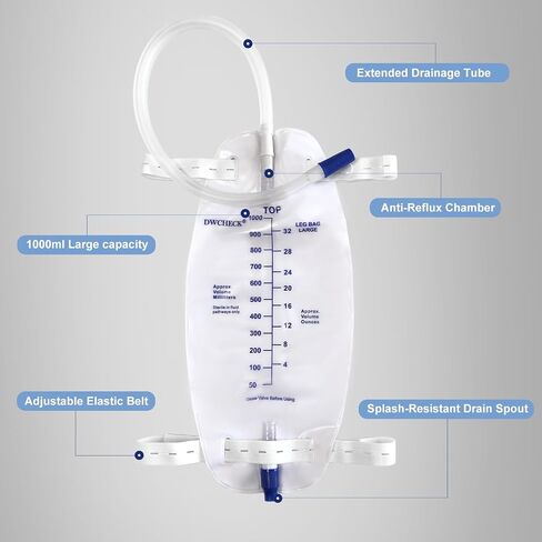 3 Pack Leg Bag Urinary Drainage Bag,1000 ml Catheter Leg Bag with 18" Tubing,Adjustable Cloth Straps,Anti-Reflux Chamber,Splash-Resistant Drain Valve,Latex-Free,Disposal in Kuwait
