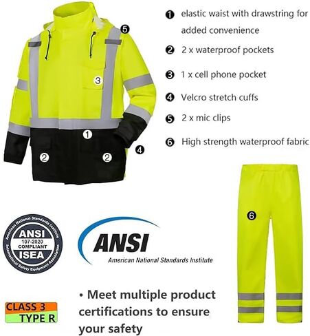 SRsafety High Visibility Rain Gear, Class 3 High Visibility Work Rain Gear for Men, Construction Rain Suits in Kuwait