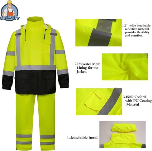 SRsafety High Visibility Rain Gear, Class 3 High Visibility Work Rain Gear for Men, Construction Rain Suits in Kuwait