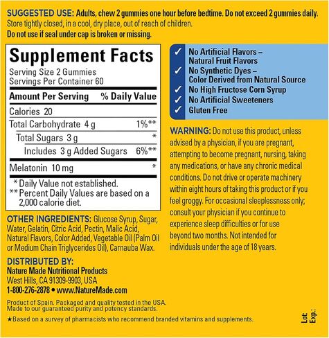 Nature Made Melatonin 10mg per serving Gummies, Maximum Strength Dosage, 100% Drug Free Sleep Aid for Adults, 120 Melatonin Gummies, 60 Day Supply in Saudi Arabia