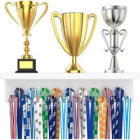 Dolinvo Wooden Medal Hanger Display and Trophy Shelf with 19 Hooks, Medal Holder Wall Mount, White