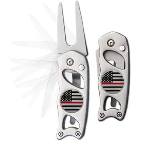 Thin Red Line Switchblade Golf Divot Repair Tool Stainless Steel with 2 Removable Ball Markers