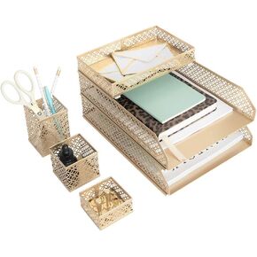 BLU MONACO Gold Desk Organizer Set for Women – 6-Piece Interlocking Office Supplies Set, Pen Cup, 3 Accessory Trays & 2 Letter Trays, Gold Paper Tray Holder in Kuwait