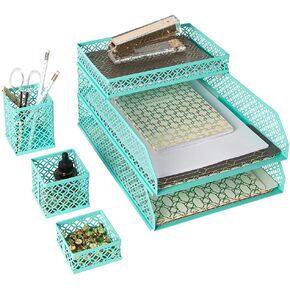 BLU MONACO Gold Desk Organizer Set for Women – 6-Piece Interlocking Office Supplies Set, Pen Cup, 3 Accessory Trays & 2 Letter Trays, Gold Paper Tray Holder