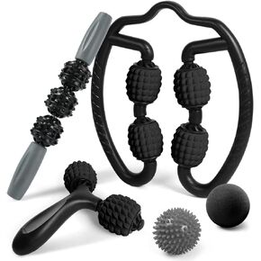 Odoland Foam Roller Set with 360° Trigger Point Massage Roller, Muscle Roller Stick, Y Shaped Handheld Roller, 2 Massage Ball for Leg, Arms, Muscle Myofascial and Deep Tissue Pain Relief, Black
