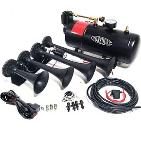 3 Liter Train Horn Kit for Trucks/Car/Semi. Complete Onboard System of 150psi Air Compressor, 1 Gallon Tank, 4 Trumpets. Super Loud dB. Fits All DC12V Vehicles Like Pickup/Jeep/RV/SUV
