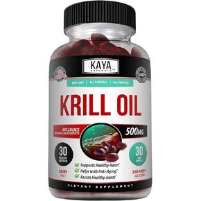 Kaya Naturals - Antarctic Krill Oil 500mg with Omega 3, EPA, DHA and Astaxanthin Supplement - Brain, Heart and Joint Health Vitamin - Heart Health Supplement - 30 Sofftgels