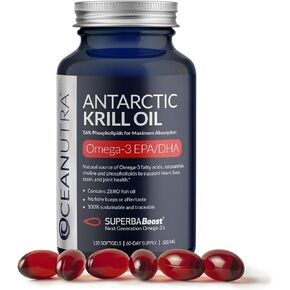 Wild Caught Antarctic Krill Oil 500MG, 60 Softgels, SuperbaBoost Omega 3 Supplement, EPA & DHA, Astaxanthin, Choline, 56% Phospholipids, Sustainable, Traceable, No Fish Oil, Vanilla Flavor