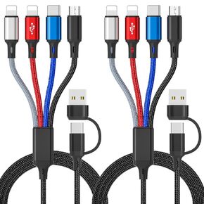 PonJel 6 in 1 Multi Charging Cable, Multi Charger Cable [2 Pack 6FT] Braided Multi Fast Charging Cord Multiple Charging Cable USB A/C Connector with IP/Type C/Micro USB Ports for Phone Tablets