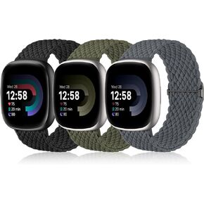 Ouwegaga Braided Band Compatible with Fitbit Sense 2/Fitbit Versa 4/Fitbit Sense/Fitbit Versa 3 Bands Women Men, Adjustable Stretchy Nylon Solo Loop Sport Strap Replacement for Fitbit Smartwatch