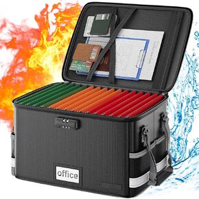 Huolewa Fireproof File Organizer Box With Lock, Collapsible Fireproof Important Document Organizer Box, Portable Travel/Home/Office File Safe Box with Handle for Documents Folders Storage -Black