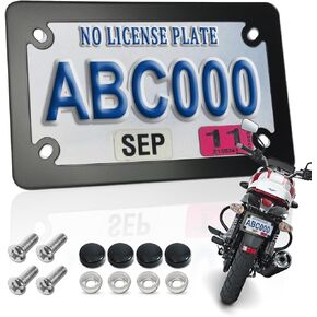 FBJTDQ Motorcycle License Plate Frame- Black Matte Stainless Steel Bike Tag Plate Holder, 4 Holes Heavy-Duty Metal Bracket 1 Pack, with Mounting Hardware Screws Nuts Caps