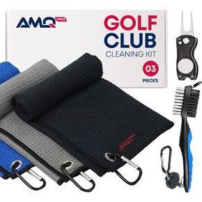 Tri-fold Golf Towels for Golf Bags (40 x 40 cm) Microfiber Waffle Pattern Black Golf Bag Towel with Heavy Duty Carabiner Clip