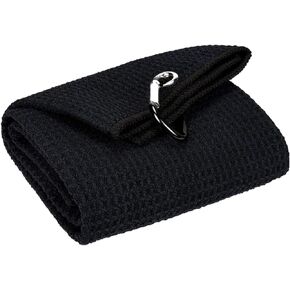 Tri-fold Golf Towels for Golf Bags (40 x 40 cm) Microfiber Waffle Pattern Black Golf Bag Towel with Heavy Duty Carabiner Clip