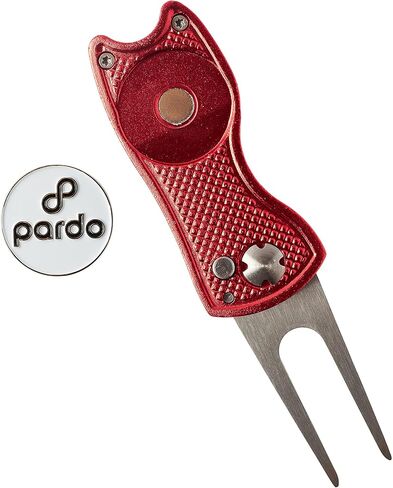 Pardo Divot Repair Tool, All-Metal Switchblade-Style - Golf Accessories 3-in-1 Tool (Divot Tool, Ball Marker, Club Holder) Foldable with Pop-up Button & Magnetic Ball Marker Divot Tool (Red) in Saudi Arabia