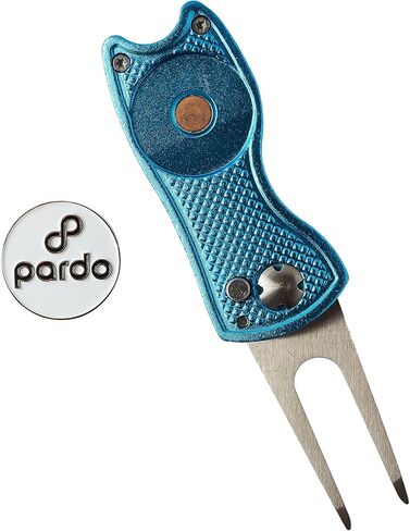 أداة إصلاح Pardo Divot، على شكل شفرة مفاتيح معدنية بالكامل - ملحقات الجولف أداة 3 في 1 (أداة Divot، علامة الكرة، حامل النادي) قابلة للطي مع زر منبثق وأداة تحديد كرة مغناطيسية (أحمر) in Kuwait