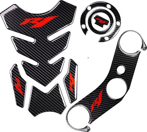 REVSOSTAR 5D Real Carbon, Motorcycle Gas Tank Protector, Tank Pad Sticker, Tank Cap, Fuel Cap Decal, Top Clamp Triple Tree Pad with Keychain for R1, 4 Pcs Per Set in Saudi Arabia