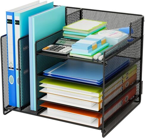 2 Pack Desk Organizers with File Holder, 4-Tier Mesh Letter Tray Paper Organizer and 2 Vertical File Sorter Desktop File Organizer Office Supplies Storage for Office Home School in Saudi Arabia