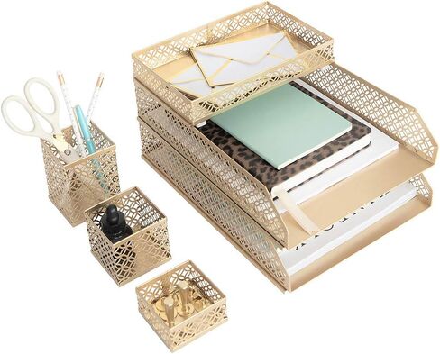 BLU MONACO Gold Desk Organizer Set for Women – 6-Piece Interlocking Office Supplies Set, Pen Cup, 3 Accessory Trays & 2 Letter Trays, Gold Paper Tray Holder in Saudi Arabia