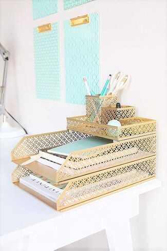 BLU MONACO Gold Desk Organizer Set for Women – 6-Piece Interlocking Office Supplies Set, Pen Cup, 3 Accessory Trays & 2 Letter Trays, Gold Paper Tray Holder in Saudi Arabia