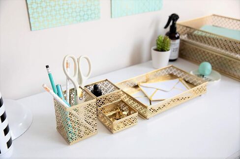 BLU MONACO Gold Desk Organizer Set for Women – 6-Piece Interlocking Office Supplies Set, Pen Cup, 3 Accessory Trays & 2 Letter Trays, Gold Paper Tray Holder in Saudi Arabia