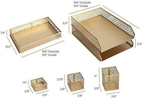 BLU MONACO Gold Desk Organizer Set for Women – 6-Piece Interlocking Office Supplies Set, Pen Cup, 3 Accessory Trays & 2 Letter Trays, Gold Paper Tray Holder in Saudi Arabia