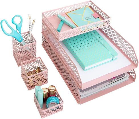 BLU MONACO Gold Desk Organizer Set for Women – 6-Piece Interlocking Office Supplies Set, Pen Cup, 3 Accessory Trays & 2 Letter Trays, Gold Paper Tray Holder in Saudi Arabia